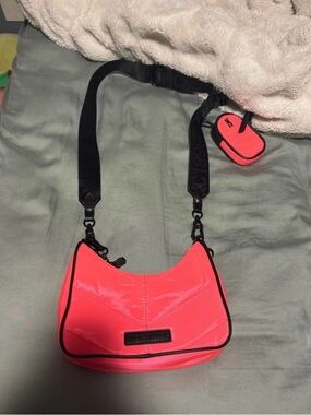 Steve Madden Neon Pink Crossbody Bag with Black Strap and Pouch